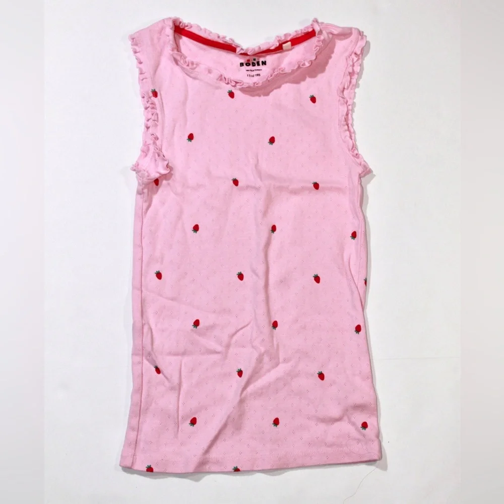 Mini Boden Pink Pointelle Strawberry Print Sleeveless Tank Top